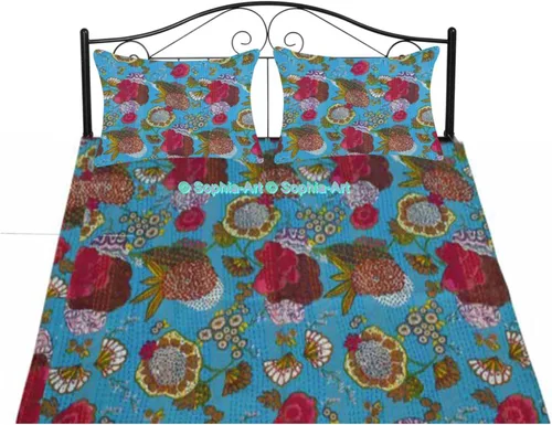 Miniatura 33 de Sophia-Art Colcha reversible de frutas indias para cama individual/king con patrón Gudri de algodón puro estilo Kantha, colcha decorativa con Rosa