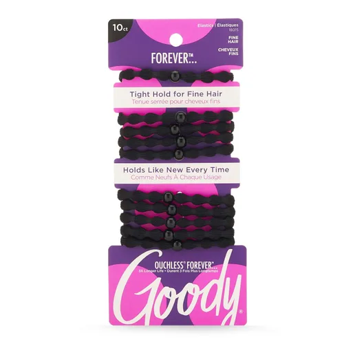 Goody Ouchless Forever - Elásticos para cabello fino, 10 unidades, color negro, bandas libres de daño, lazos para el cabello 3 veces más fuertes,