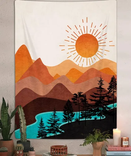 DYNH Tapiz vertical bohemio de montaña, bosque natural, árbol, lago, sol, tapiz bohemio minimalista de mediados de siglo, tapiz para colgar en la