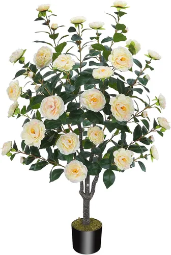 Miniatura 10 de Árbol artificial de 43.3 pulgadas / 3.6 pies con flores de camelia, árbol de otoño falso con 32 flores florecientes, árbol naranja para otoño