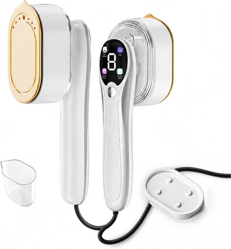Vaporizador y plancha de mano blanca 2 en 1, vaporizador de ropa portátil de calentamiento rápido de 10 segundos con pantalla LED, 4 modos