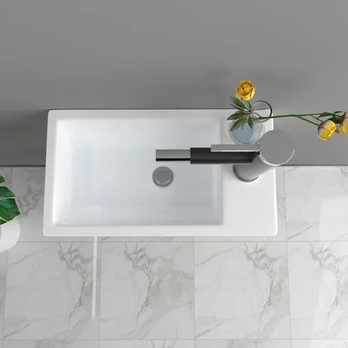 Miniatura 4 de Fregadero de esquina de baño pequeño de 18 x 10 pulgadas, fregadero rectangular blanco moderno para colgar en la pared Montaje en pared blanco