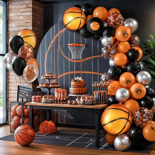 Miniatura 5 de Globos de Baloncesto, Globos de Confeti Naranja Negro Metálico Plateado con Globo de Papel de Aluminio de Baloncesto para Cumpleaños de Niño Fiesta