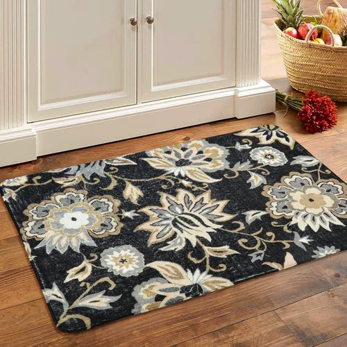 Miniatura 2 de Lahome - Tapete floral con estampado de cachemira, lavable, antideslizante, pequeño, anti-manchas, suave, para baño, entrada, dormitorio, Negro