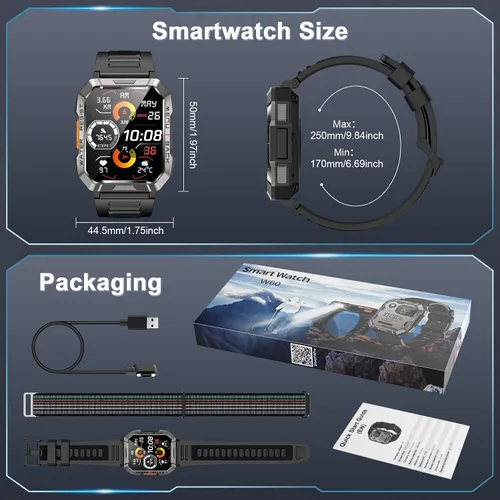 Miniatura 7 de Reloj inteligente militar para hombre (respuesta/hacer llamadas), reloj inteligente deportivo al aire libre con linterna/batería de 100