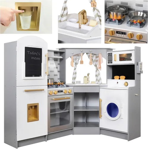 Miniatura 6 de Juego de Cocina de Madera Grande de Rincón con Juego de Hielo, Dispensador de Agua, Panificadora, Lavadora, Pantalla Electrónica, Fregadero de gris