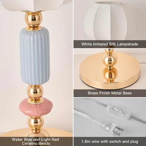 Miniatura 6 de Lámpara de mesa moderna imitada de seda con enchufe, base metálica, luz de escritorio con enchufe, cable y interruptor para dormitorio, mesita