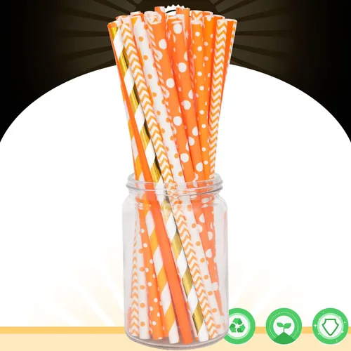 Miniatura 3 de qiqee Pajitas desechables de color naranja dorado para beber, 150 popotes desechables a granel (10 patrones)