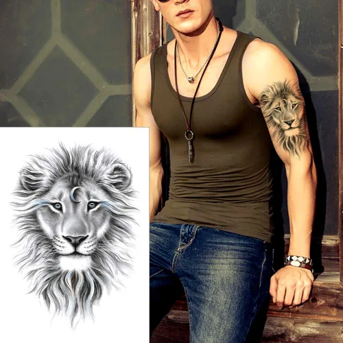 Miniatura 4 de 6 hojas de tatuaje temporal de león tigre negro, tatuaje de pierna y pecho para hombres y mujeres, diseños de animales salvajes arte corporal