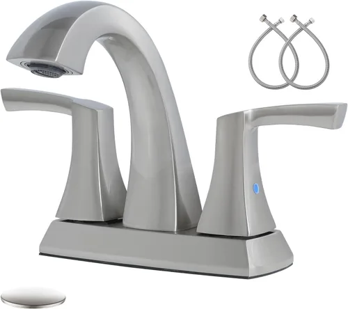 VXV Grifo de baño de níquel cepillado, 2 manijas de arco bajo, grifos de lavabo de baño de 4 pulgadas con drenaje emergente y líneas de suministro