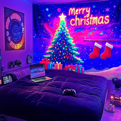 Miniatura 3 de NYZE - Tapiz de Navidad con Papá Noel, tapiz de luz negra que brilla en la oscuridad, colgante de pared, banner festivo, decoración para fiesta