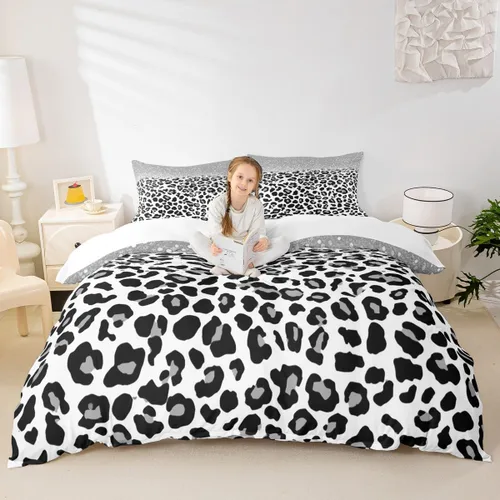 Miniatura 13 de Juego de funda de edredón para niños, tamaño individual, diseño de cebra y leopardo con purpurina, decoración de habitación para niñas y mujeres