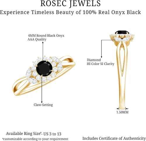 Miniatura 6 de Anillo de compromiso con halo de flor de diamante y ónix negro certificado para mujer Calidad AAA