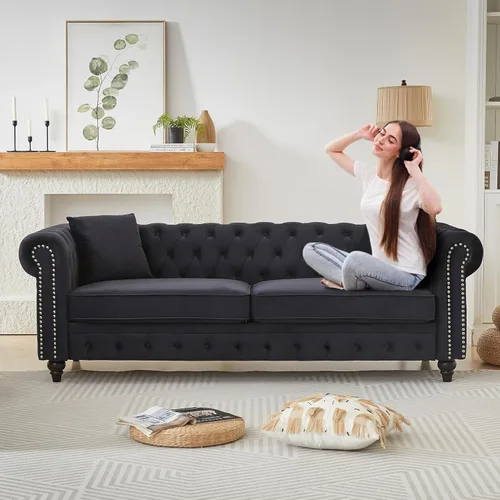 Miniatura 13 de Juego de 2 sofás Chesterfield de terciopelo de 85.5 pulgadas, 3 plazas + 63.5 pulgadas, sofá moderno con brazos enrollados y 2 cojines para sala