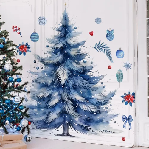 Miniatura 4 de 59x47 Pulgadas Adhesivos de Árbol de Navidad Azul Grande para Pared, Extraíbles DIY, Adhesivos de Árbol de Navidad Acuarela Gigantes para Baño