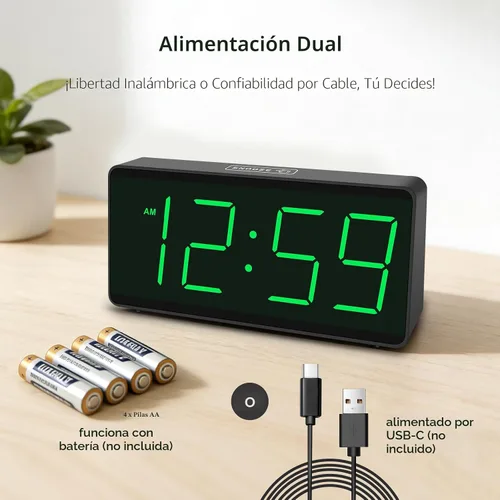 Miniatura 2 de Peakeep - Reloj despertador digital a pilas para dormitorios - Inalámbrico, números grandes, 4 atenuadores, atenuación automática para personas