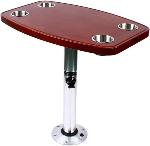 Mesa de barco marino para caravana, mesa extraíble para caravana, mesa de bloqueo de rosca marina, base de pedestal de roble barnizado, 4 portavasos