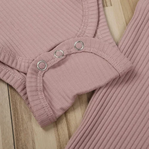 Miniatura 5 de Ropa para bebé y niña, acanalado, con volantes, manga larga, mameluco, pantalones acampanados, color sólido, otoño, invierno, trajes de 2 piezas