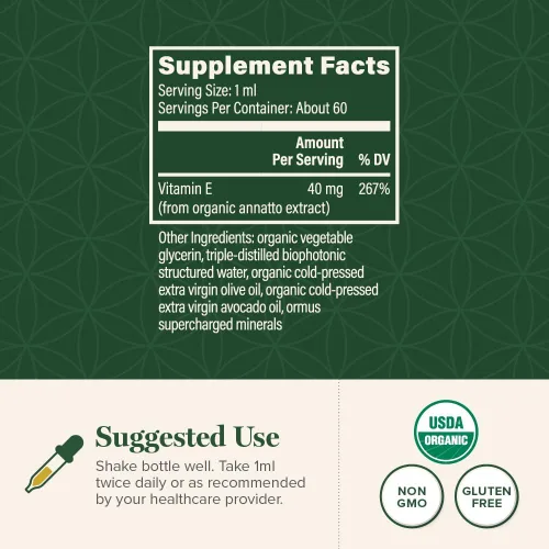 Miniatura 3 de Global Healing - Gotas líquidas orgánicas de vitamina E de 40 mg - D-alfa tocoferol natural 15% α-tocoferol - Aceite de vitamina E líquido vegano