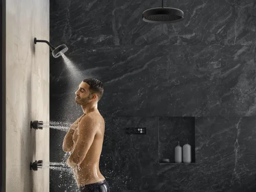 Miniatura 9 de KOHLER 26299-BL - Spray redondo de una sola función, rociador giratorio semiempotrado para pared de ducha, 2.5 GPM, negro mate Mate negro