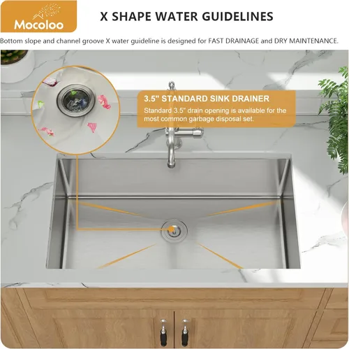Miniatura 5 de Mocoloo Fregadero de Cocina Empotrado 33 – Fregadero de Cocina Empotrado de 33 x 19 Pulgadas de Acero Inoxidable Calibre 16 de Un Solo Tazón Bajo