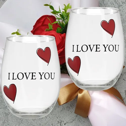 Miniatura 5 de Lovers - Juego de 2 copas de vino sin tallo con corazones decorativos, copas de vino románticas de Mr & Mrs His and Hers, regalo para parejas