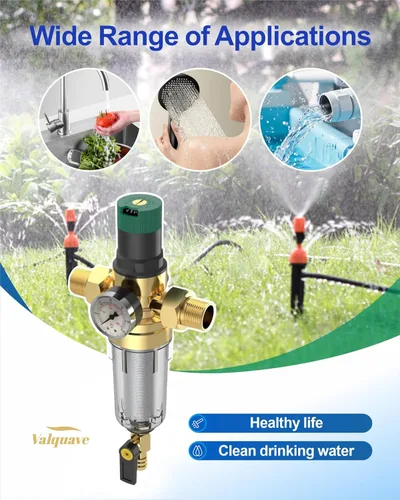 Miniatura 4 de Regulador de presión de agua, con filtro de sedimentos giratorio y medidor para el hogar, 50 micras, MNPT de 1.25 pulgadas + 1 pulgada FNPT + 1