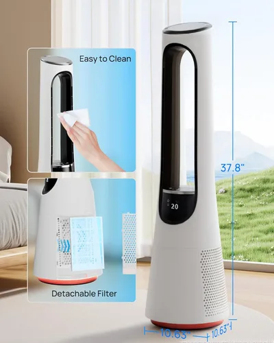 Miniatura 7 de Uthfy 38 Inch Bladeless Tower Fan, 120° Oscillation Quiet Standing Fans, 20 Speeds & 4 Modes, Ambient Light, Remote Control, 12H Timer, Ideal for
