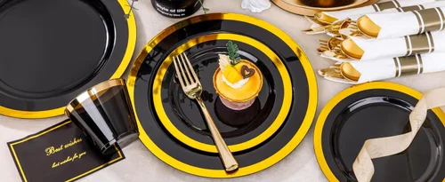 Miniatura 9 de YOUBET - 350 piezas de platos de plástico negro y dorado - Juegos de vajilla desechable dorada para 50 invitados - 100 platos de plástico, 150