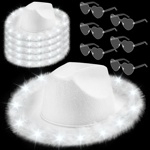 Zhanmai 6 Pieces Cowgirl Light up Hat with Feather Boa, 6 Pieces Heart Sunglasses Set for Girls Bachelorette Costume Party