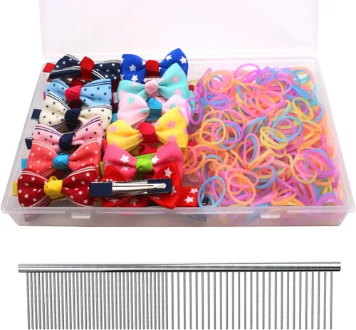 Miniatura 19 de YOY 20 adorables lazos para el pelo de perro con clips y 1000 bandas de goma y 1 peine de acero para peluquería, nudo superior de cachorro, moño