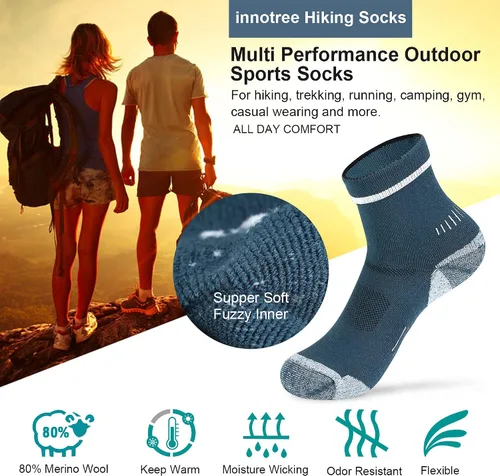 Miniatura 6 de innotree Paquete de 3 calcetines de senderismo de lana merino para hombre, calcetines de senderismo acolchados micro Crew para senderismo que