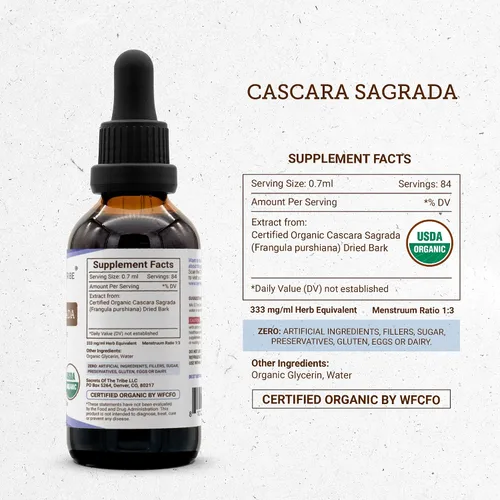 Miniatura 4 de Secrets of the Tribe Cascara Sagrada USDA Organic Extracto sin alcohol, gotas de hierbas de alta potencia Hecho de corteza seca de cascara