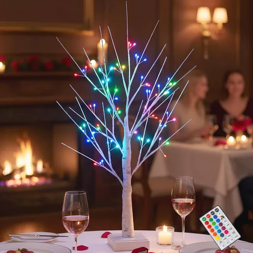 Árbol de abedul de 2 pies con 72 luces LED y control remoto, luz RGB que cambia de color para decoración del hogar, boda, dormitorio, perfecto para
