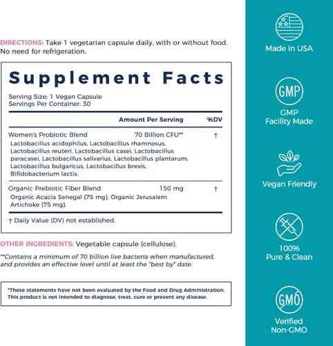 Miniatura 8 de NewRhythm Probióticos para mujeres, prebióticos orgánicos, 70 mil millones de UFC, 10 cepas, probióticos vaginales para la salud urinaria