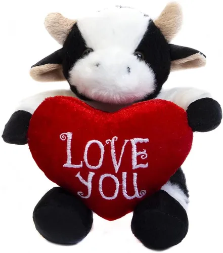 Miniatura 2 de Plushland Animal de peluche con corazón rojo – Love You– Juguete de animales de peluche para niños y adultos – Almohada de corazón bordada – 8 vaca