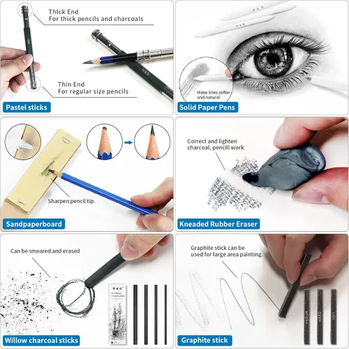 Miniatura 4 de H & B Kit de dibujo y dibujo de 48 piezas para adultos y artistas principiantes, incluye lápices de grafito y carbón, tocones de mezcla, bloc