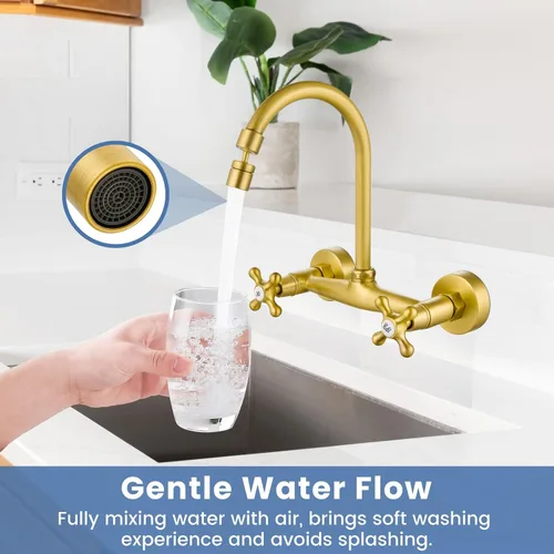 Miniatura 3 de Airuida Grifo de cocina de montaje en pared con rociador, grifo de fregadero de cocina montado en la pared, asas dobles cruzadas, boquilla giratoria