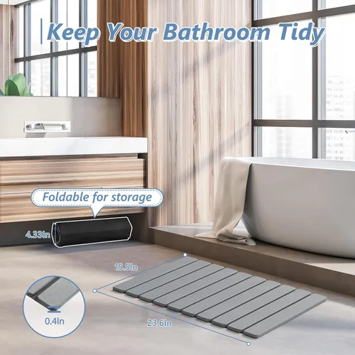 Miniatura 6 de AWW Tapete de baño plegable de piedra, de secado rápido, tierra de diatomeas con tapete antideslizante, súper absorbente, fácil de limpiar, compacto