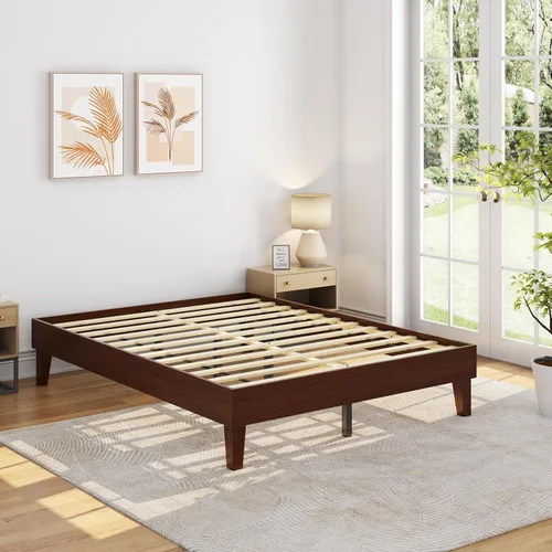 Yaheetech Base de cama Queen con plataforma de madera maciza natural con soporte de listones de madera, espacio debajo de la cama de 7.3 pulgadas