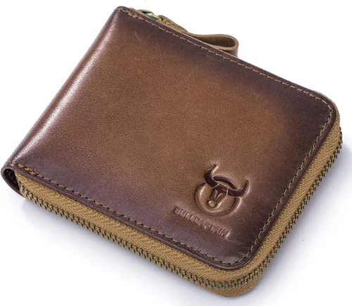 Miniatura 2 de BULLCAPTAIN Cartera de cuero genuino con cremallera para hombre bloqueo RFID cremallera segura y plegable alrededor de carteras cartera