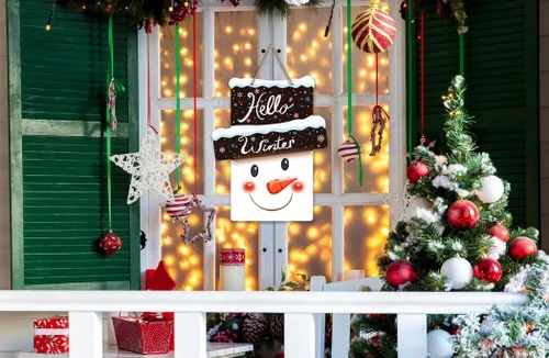 Miniatura 4 de D4DREAM Letrero de bienvenida con texto en inglés «Hello Winter» para puerta delantera, Navidad, invierno, bienvenida, coronas, colgador