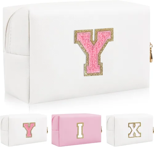 Miniatura 42 de Bolsa de maquillaje con parche de letra inicial personalizada, bolsa de cosméticos de chenilla preppy con letra de chenilla con cremallera, Y