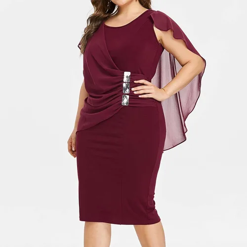 Miniatura 3 de SERYU Vestido ajustado de gasa con volantes para mujer, talla grande, con mangas de capa, favorecedor