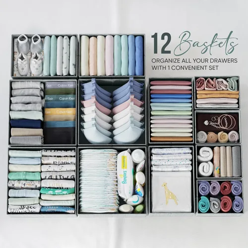 Miniatura 2 de Organizador de Cajones para Ropa Juego de 12 Gris - Organizador de Cómoda Para Guardería, Dormitorio, Armario - El Organizador y Almacenamiento