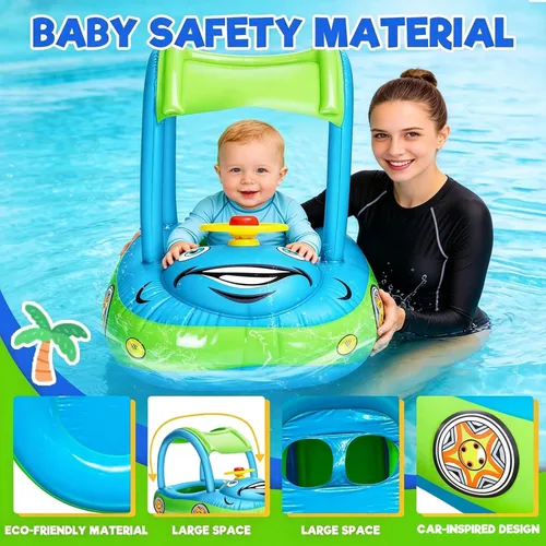 Miniatura 6 de iGeeKid Flotador inflable de piscina para bebé con toldo, asiento de seguridad para bebé, flotadores de natación en forma de automóvil, flotadores