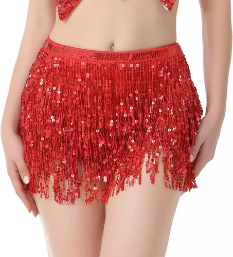 Miniatura 2 de DOOVID Falda de danza del vientre, falda bohemia con borlas y lentejuelas para mujer, faldas brillantes para fiesta de Halloween