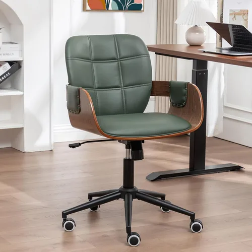 Silla de escritorio para oficina en casa con ruedas giratorias, artesanía de nogal, respaldo y brazos curvos ergonómicos, piel sintética, altura