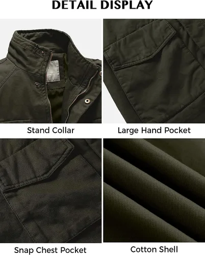 Miniatura 7 de WenVen Chaqueta ligera de estilo militar para hombre, rompevientos de algodón de sarga