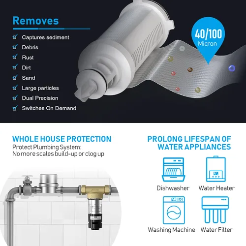 Miniatura 3 de Frizzlife Filtro de sedimentos giratorio de 40 y 100 micrones con raspador integrado, prefiltro reutilizable para toda la casa para agua